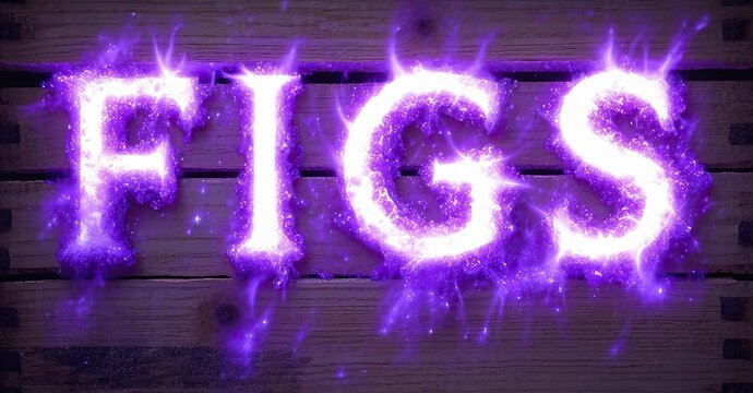 Bright purple text spells FIGS over woodgrain background. Sparks radiate from lettering, creating vibrant visual effect.