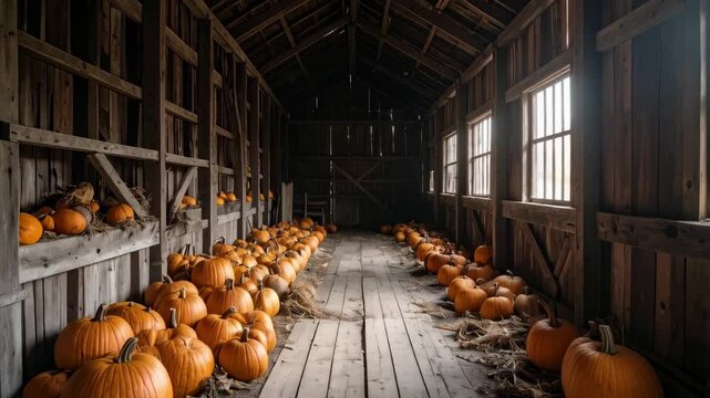 Warm interior of rustic wooden barn filled with rows of bright orange pumpkins on floorboards and shelves, Autumn harvest, seasonal concept