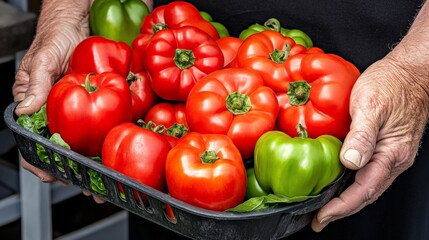 Fresh red and green bell peppers in a black basket held by hands