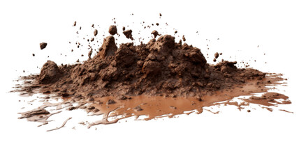 Close up of a muddy puddle with wet soil and reflective water surface isolated on white background