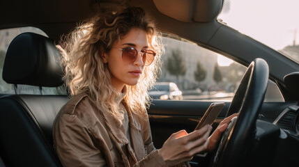 Fototapeta premium Urban travel moment woman using phone in car city lifestyle