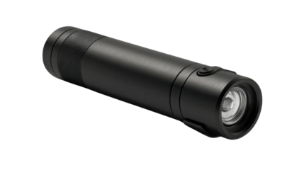 Illuminating the Dark: A modern, sleek flashlight with its bright LED lens, poised to pierce the darkness. 