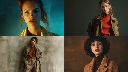 Four-panel portrait collage featuring a young woman in various poses and autumnal-toned clothing, showcasing different lighting styles and hairstyles against textured backgrounds