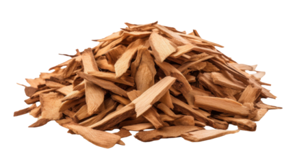 Pile of natural wood chips with rough texture and organic appearance isolated on white background