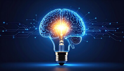 AI Brain Connected to Glowing Idea Bulb, Generated image