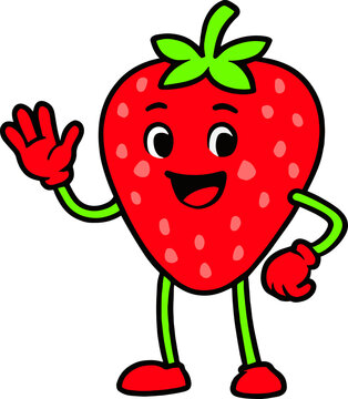 Naklejki Colorful and cheerful cartoon strawberry character with a smiling face, waving hand, and expressive eyes. Perfect for children's content, educational materials, or healthy food promotions.