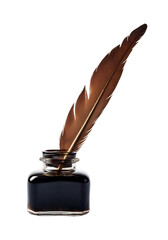 a vintage feather quill in inkwell filled with black ink on transparent background