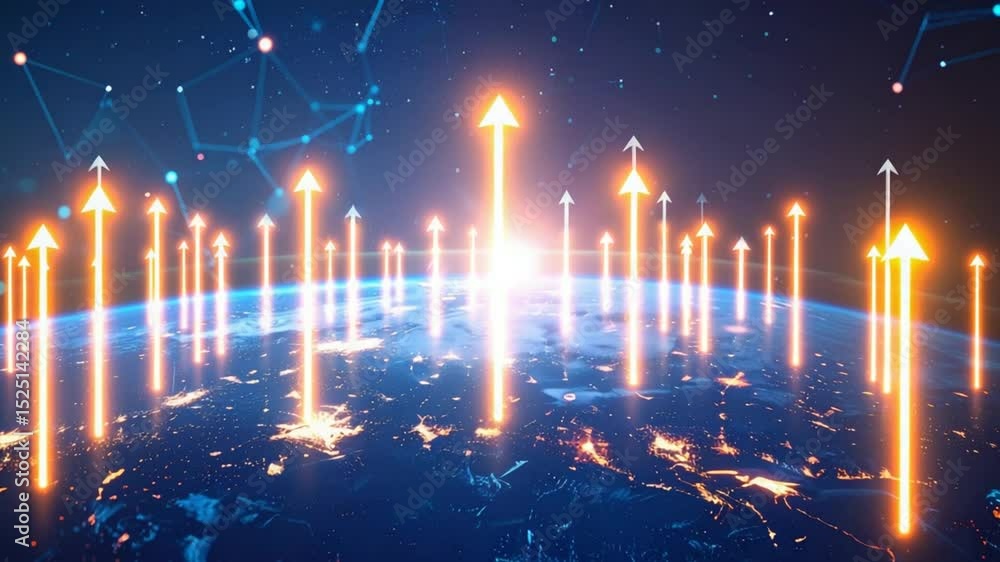 Poster global ascent: illustrative representation of a network of glowing upward arrows rising from a detai