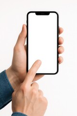 A person holding a smartphone with a blank white screen ready for application design mockups or graphic display usage.