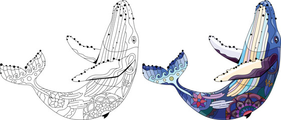 Swimming whale for anti stress Coloring Page. Color and outline set