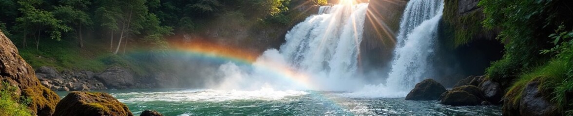 Vibrant rainbow cascades over mossy rocks, creating a breathtaking spectacle of nature's artistry Sunlit water flows creating a magical scene , light, energy