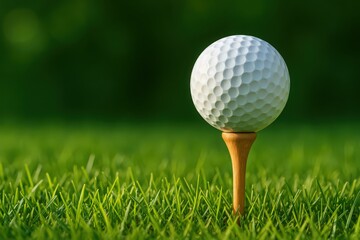 A close up of a golf ball balanced on a wooden tee in lush green grass at a golf course