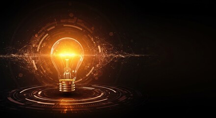 Innovation and technology concept with glowing lightbulb surrounded by digital elements on dark background