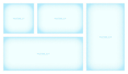 Vector bundle of light blue halftone vignette frames with subtle gradients in retro style. Includes 1:1, 3:2, 21:9, 9:16. Perfect for app interfaces, hero banners, clean poster layouts and web design