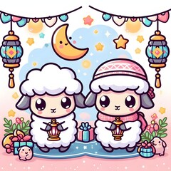 Fototapeta premium Adorable Sheep Celebrating Eid al-Adha Festive Illustration