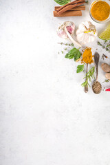 Fresh herbs, dried colorful spices