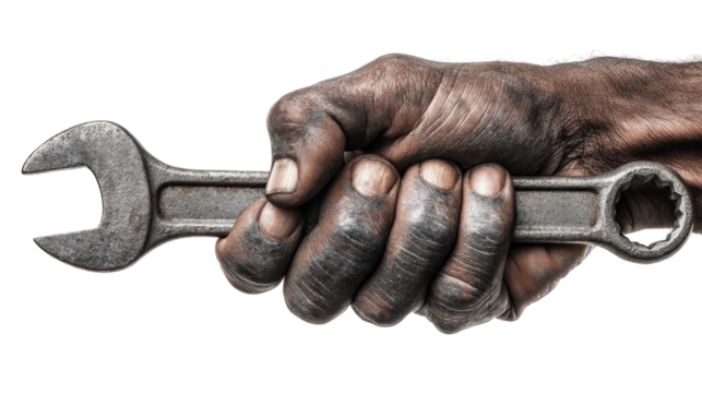 Mechanic's Grip: A close-up of a robust, dirt-streaked hand gripping a sturdy wrench, portraying the raw power and skill of a hardworking mechanic.