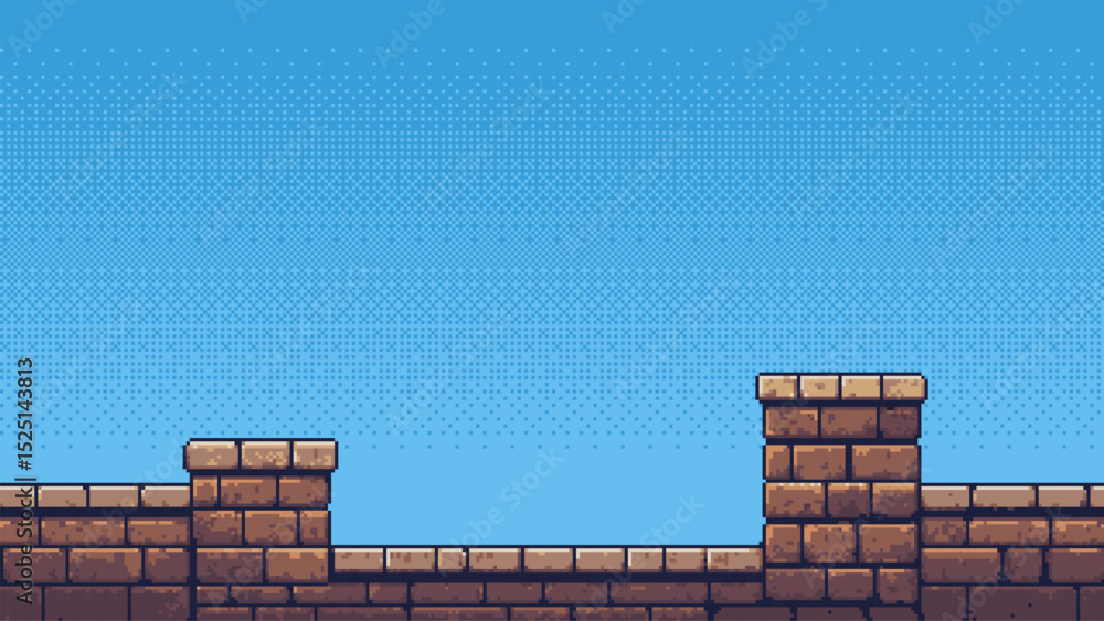 Aufkleber Pixel art game level with ancient stone wall and blue sky. Retro 8-bit video game platformer background. Video game design asset. vector graphics.