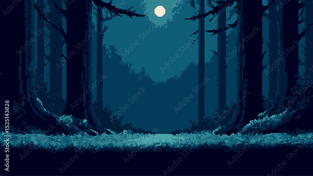 Poster enigmatic dark forest at night with a full moon. pixel art game level design, vintage retro video ga