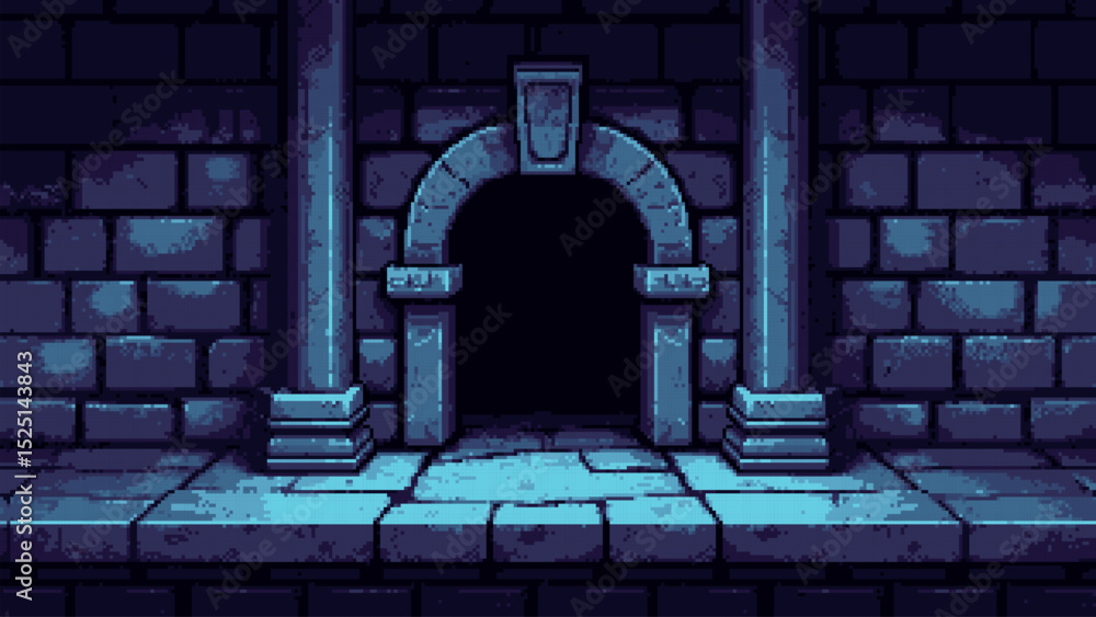Aufkleber Dark pixel art ancient dungeon game level with an arched entrance. Retro video game background design for fantasy adventure. Vector graphics. 