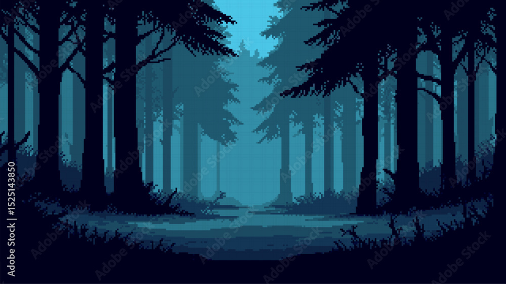 Aufkleber Mystical pixel art forest at twilight. Game level background with dark trees and foggy night. Retro atmosphere with pathway. 