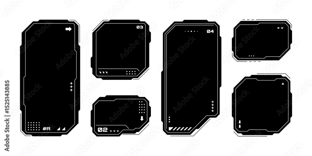 Poster Set of head up display frames. Futuristic gui elements. Abstract hud interface mockups. Technology info box for digital game or app. Vector graphics. 