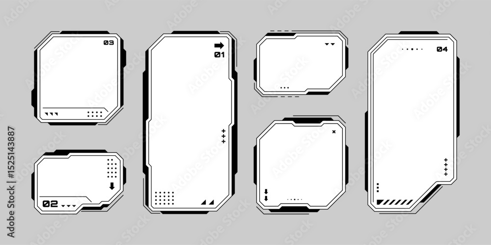 Aufkleber Set of black and white heads up display or hud vector graphic element shapes. UI frames and boxes for futuristic interface design. Vector graphics. 