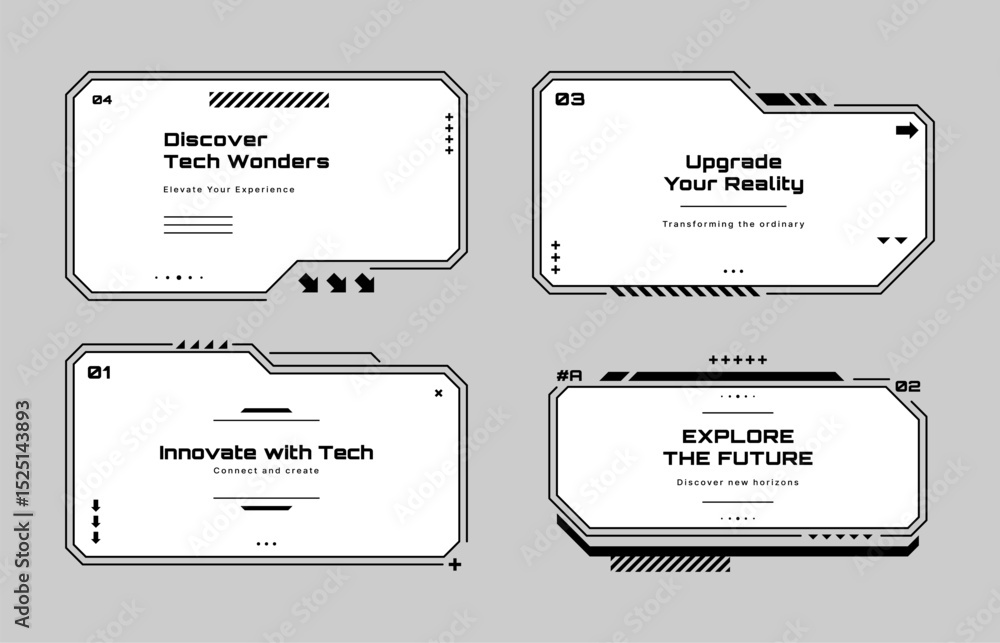 Poster Futuristic hud interface elements with text for technology concepts. Modern abstract digital display frames for business and innovation. Vector graphics. 