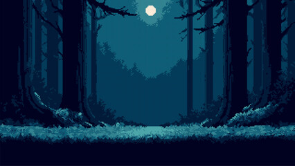 Enigmatic dark forest at night with a full moon. Pixel art game level design, vintage retro video game background scene. Vector graphics.