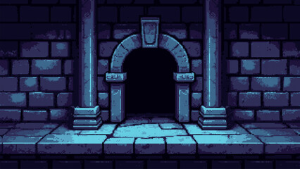Dark pixel art ancient dungeon game level with an arched entrance. Retro video game background design for fantasy adventure. Vector graphics. 
