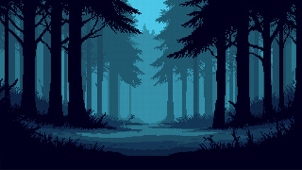 Mystical pixel art forest at twilight. Game level background with dark trees and foggy night. Retro atmosphere with pathway.  © hiten666