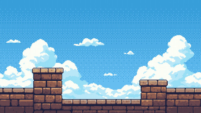 Pixel art game level with a brick wall and a cloudy sky background. Retro 8 bit asset for classic arcade adventure game. vector graphics.