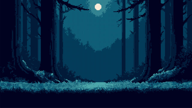 Enigmatic dark forest at night with a full moon. Pixel art game level design, vintage retro video game background scene. Vector graphics.