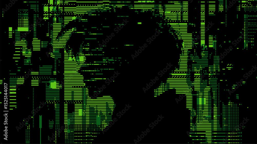 Aufkleber Green pixelated glitch background with abstract geometric shapes on a black backdrop. Digital corrupted signal data visual for tech concept. Vector graphics.