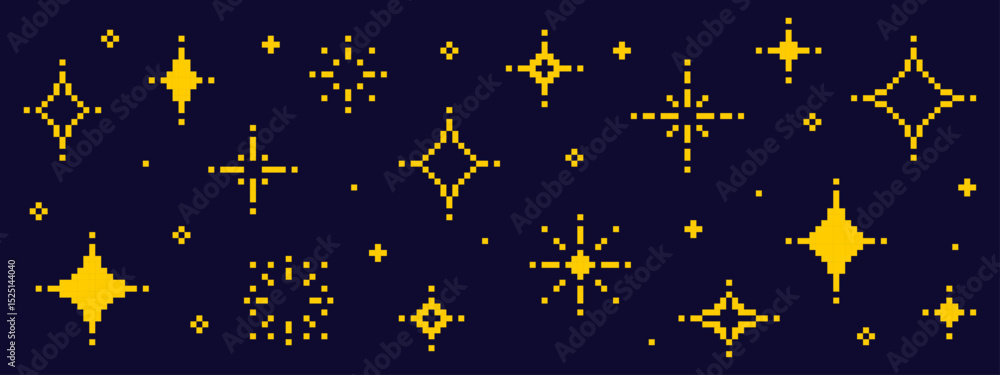 Poster Pixel art set of shining stars on dark background. Retro game design element and magic glow with sparkle. Vector graphics.
