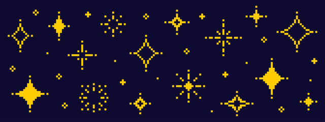 Pixel art set of shining stars on dark background. Retro game design element and magic glow with sparkle. Vector graphics.