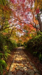 Fototapeta premium Autumn Path A Journey Through Vibrant Fall Foliage and Sunlit Stone Pathway