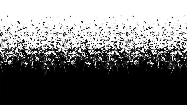 Abstract explosion particle wave pattern with scattered shattered shapes. Burst effect concept for digital design element. Vector graphics.