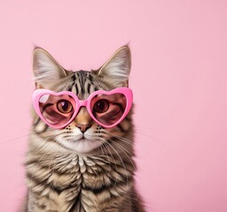 Adorable Tabby Cat Wearing Pink Heart Sunglasses.