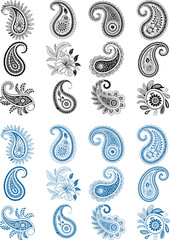 Set of decorative elements for design in a vintage floral style with ornamental patterns and seamless textures