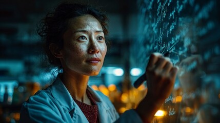 Scientist Writing Complex Equations on Chalkboard in Laboratory Setting