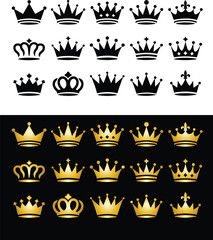 Set of golden crowns, royal crown collection, vintage golden crown set, royal emblem badges and symbols