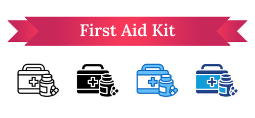 First Aid Kit Multi Style - Emergency first aid box with medicine bottles and pills, symbolizing readiness for workplace injuries or illness