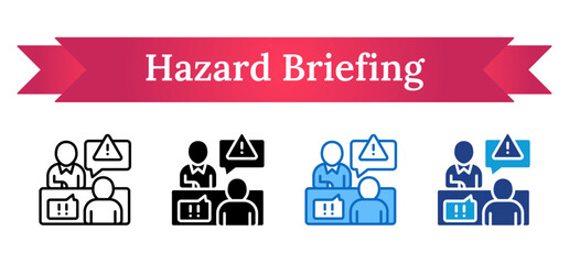Fototapeta premium Hazard Briefing Multi Style - Two people in a safety discussion with warning symbols, representing hazard communication and briefings