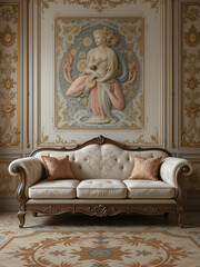 Sofa in traditional design set on wall and floor background