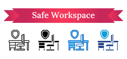 Safe Workspace Multi Style - Office desk with shield, symbolizing protected work environments and secure office conditions