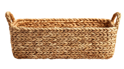 Obraz premium Woven Basket : A close-up studio shot of an empty rustic rectangular basket, featuring an elegant woven design and handles on each side, perfect for home decor and storage.