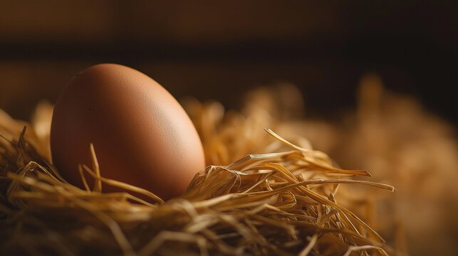 Close-up de um &uacute;nico ovo marrom aninhado em palha dourada, exibindo charme r&uacute;stico e beleza natural em um cen&aacute;rio de natureza morta