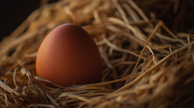Close-up de um &uacute;nico ovo marrom aninhado em palha dourada, exibindo charme r&uacute;stico e beleza natural em um cen&aacute;rio de natureza morta