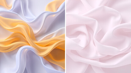 Two images showcasing flowing ribbonlike fabric with a focus on fluidity and texture